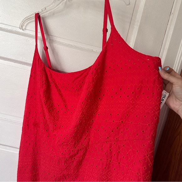 Old Navy Babydoll Mini Dress Embroidered Red Lace Eyelet Smocked Pockets Stretch - Picture 5 of 16